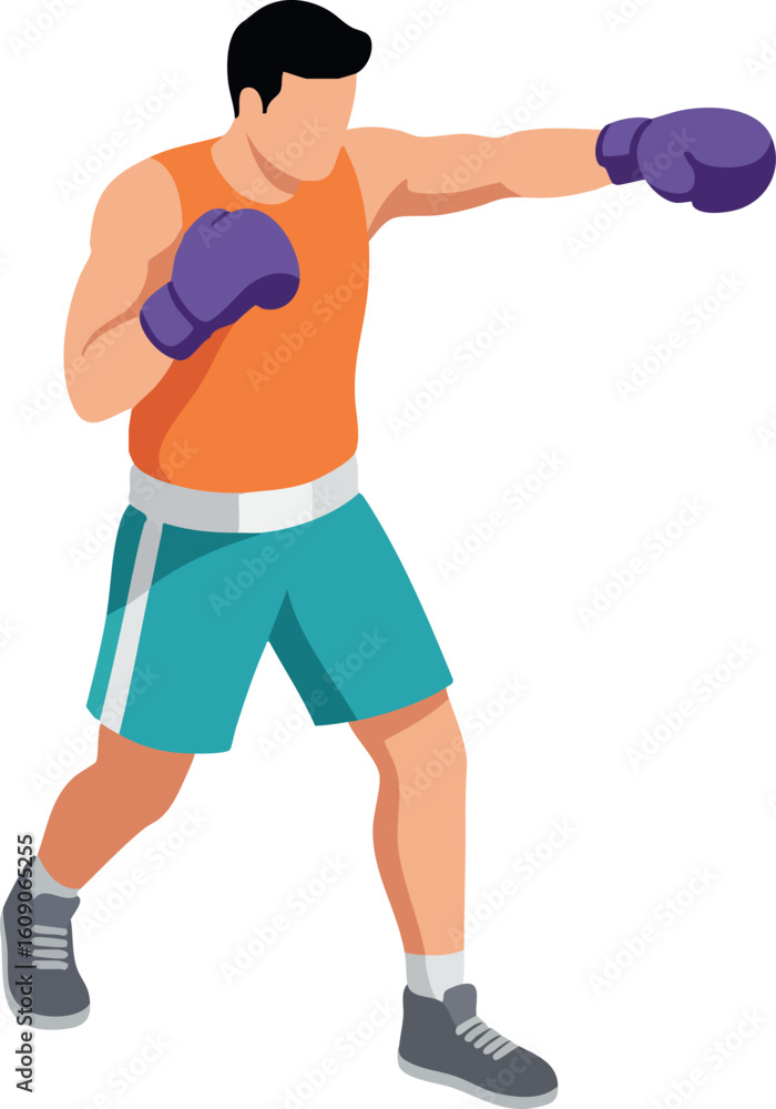 Boxer throwing punch in orange tank top and teal shorts with purple gloves vector illustration Boxer throwing punch in orange tank top and teal shorts with purple gloves vector illustration