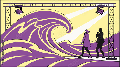 Two figures walk towards a large stylized wave under stage lighting.