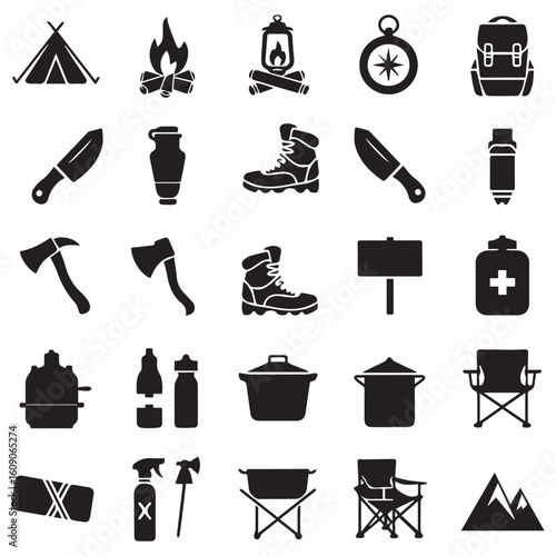 Essential camping and outdoor adventure gear icons for travel blogs and adventure supply store promotions