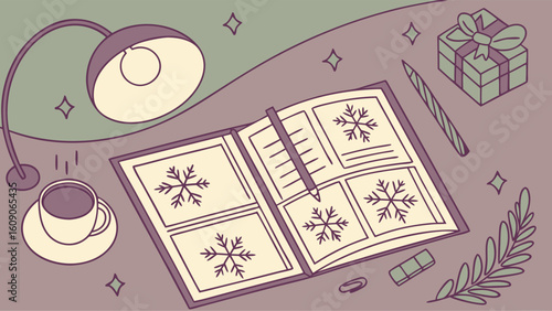 Open photo album filled with snowflake designs, alongside a lamp, coffee cup, gift, and stationery.