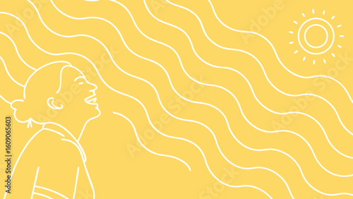Happy woman basking in sunshine, minimalist line art illustration.