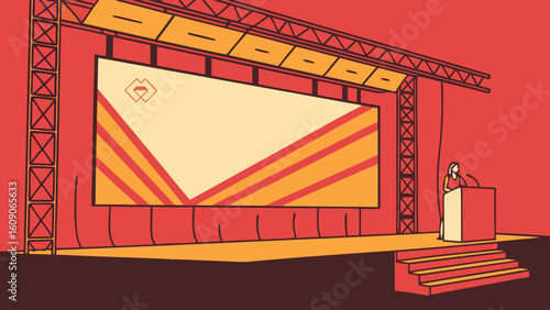 Conference stage illustration with large screen and speaker.