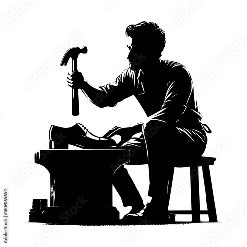 Silhouette of a cobbler working on a shoe with a hammer and anvil