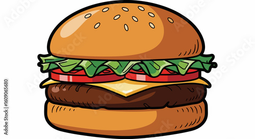 Cartoon Burger with Sesame Seed Bun, Lettuce, Tomato, Cheese, and Beef Patty