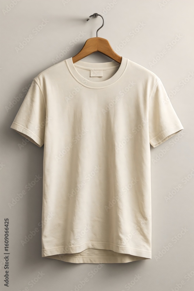 Minimalist Plain Beige T-Shirt Hanging on Wooden Hanger Minimalist Plain Beige T-Shirt Hanging on Wooden Hanger