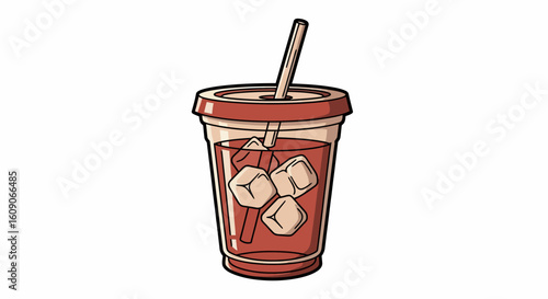 Cartoon Iced Drink with Straw and Cubes in a Plastic Cup