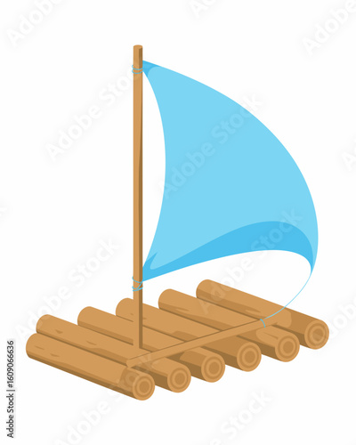 Simple wooden raft with blue sail on white background illustration of water transport adventure concept floating vessel for travel and leisure