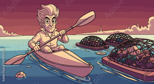 Cartoon Man Paddling Kayak Past Floating Rock Cages on Water