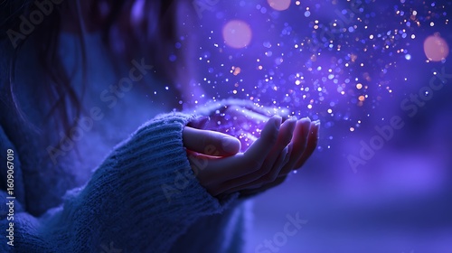Woman holding glowing light particles with soft sparkles on deep purple background creating dreamy magical atmosphere