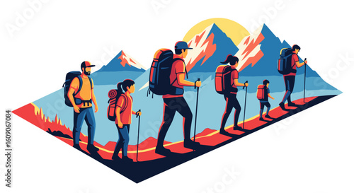 Family adventure awaits hiking together up scenic mountain trail with backpacks and poles