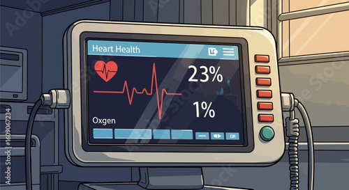 Cartoon medical monitor displaying heart health with low oxygen and battery percentages