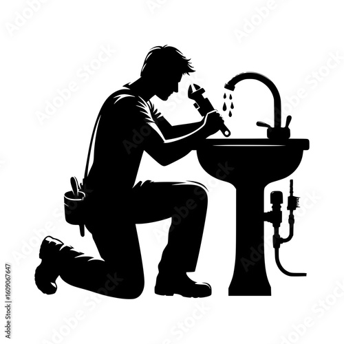 Silhouette of a plumber working on a sink with a wrench