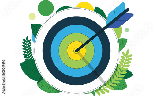 Target with arrow bullseye surrounded by foliage nature and success achieving goals vector illustration