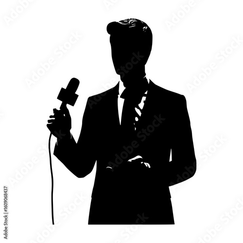 Silhouette of a man in a suit holding a microphone and a tablet
