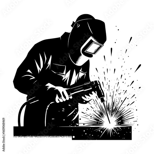 Skilled welder in protective gear performing welding with bright sparks flying