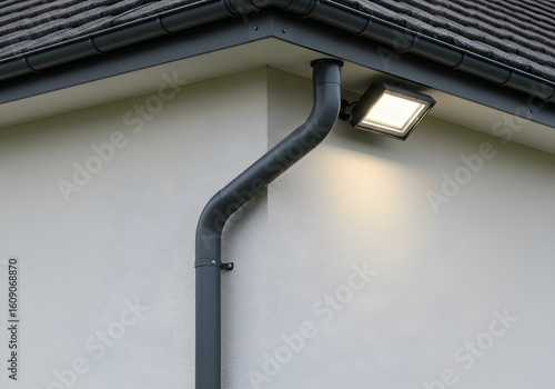 Outdoor LED Floodlight Illuminating House Corner and Rain Gutter System Exterior Lighting, Building Detail.