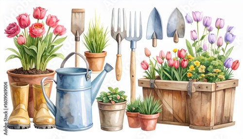 A collection of watercolor gardening tools including a watering can, spade, and plant pots