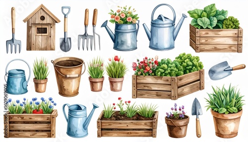 A collection of watercolor gardening tools including a watering can, spade, and plant pots