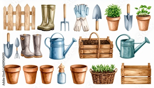 A collection of watercolor gardening tools including a watering can, spade, and plant pots