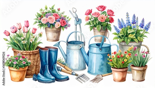 A watercolor painting of a vase filled with vibrant pink flowers and gardening tools.
