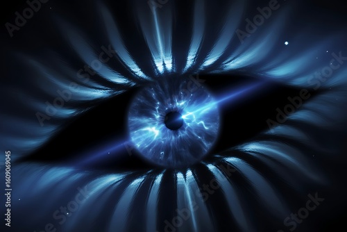 Abstract Blue Eye with Light Streaks and Lightning Effect Representing Vision Insight and Futuristic Technology in a Dark and Mysterious Setting