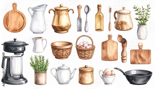 A collection of watercolor kitchen tools and utensils in a clean, minimalist style, including a cutting board, rolling pin, and various containers