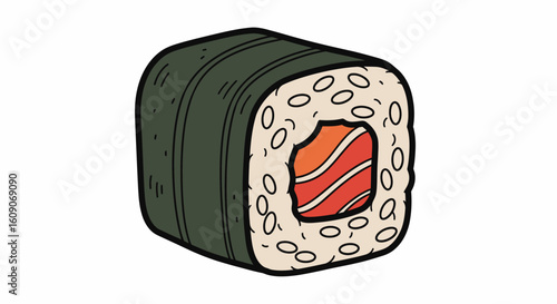 Colorful Salmon Sushi Roll with Dark Green Seaweed and Rice Details