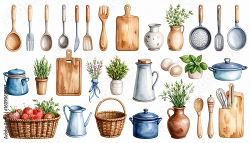 A collection of watercolor kitchen tools and utensils in a clean, minimalist style, including a cutting board, rolling pin, and various containers