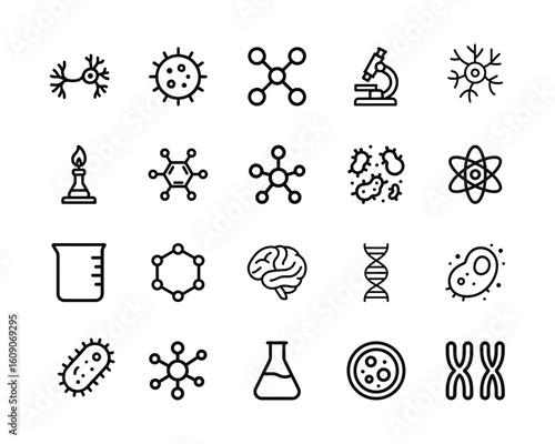 Science and Biology Vector Icon Set –  Neuron, Cells, Flask, Beaker, Germs, Atom,Bacteria, Virus, DNA, Molecules, Microscope, Test Tube, Ameba, Laboratory And Other Icons