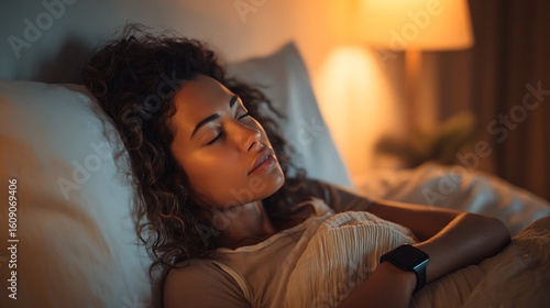 Woman sleeping peacefully using blank smart sleep tracker showing improved rest and circadian rhythm support in cozy bedroom setting