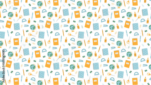 Seamless pattern of school supplies including notebooks globes pencils and stationery items on white