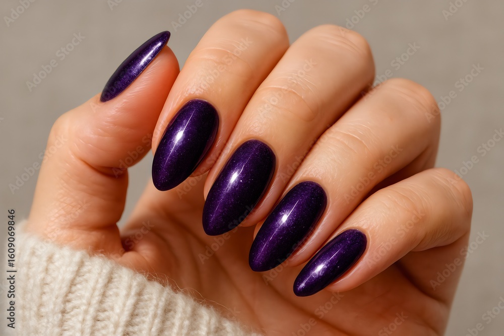 Elegant Purple Almond-Shaped Nails with Glossy Finish on Female Hand Elegant Purple Almond-Shaped Nails with Glossy Finish on Female Hand