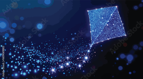 Abstract illustration of a kite made from a circuit board soaring through a digital space.