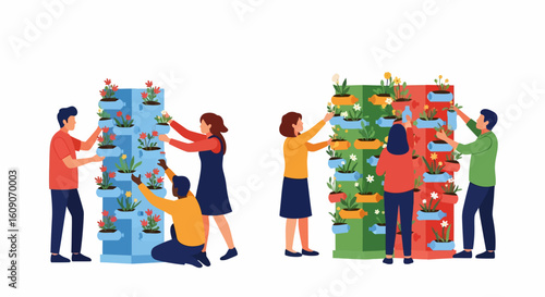Diverse group tending vertical gardens with colorful flowers and repurposed plastic bottles