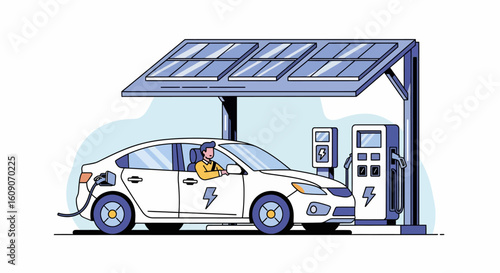 Electric car charging at a solar powered station with driver inside