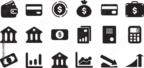 set of solid black silhouette finance and banking
