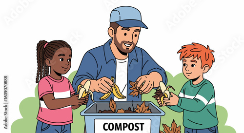 Father and children composting banana peels and leaves in a blue bin