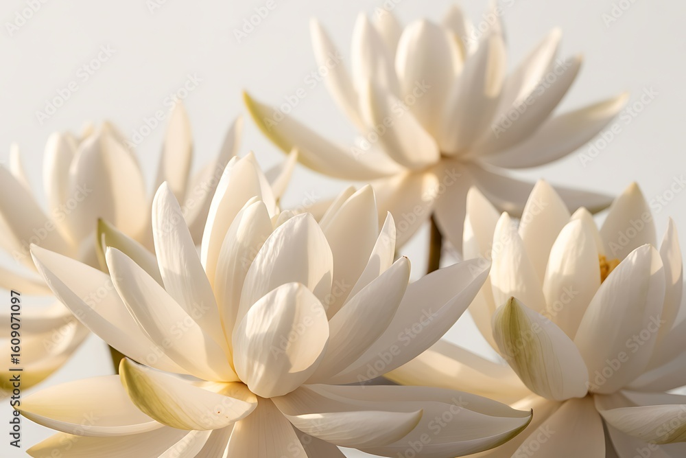 Fototapeta premium Elegant White Water Lilies in Bloom Close Up View of Delicate Petals and Soft Lighting Symbolizing Purity and Tranquility