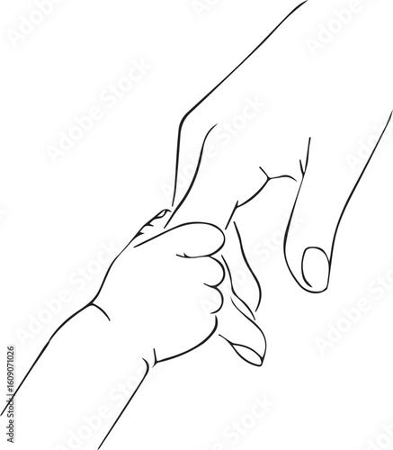 A tender moment captured as an adult hand gently holds a baby’s small hand, symbolizing love, trust, and connection in a minimalist line art style ideal for nursery decor or emotional illustrations