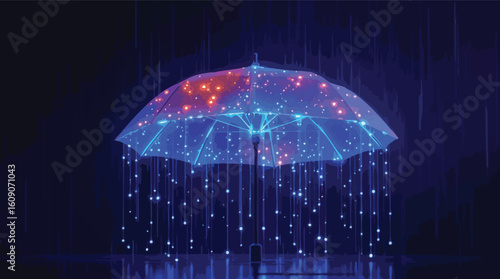 Glowing abstract umbrella in the rain with digital lights and neon blue color scheme.