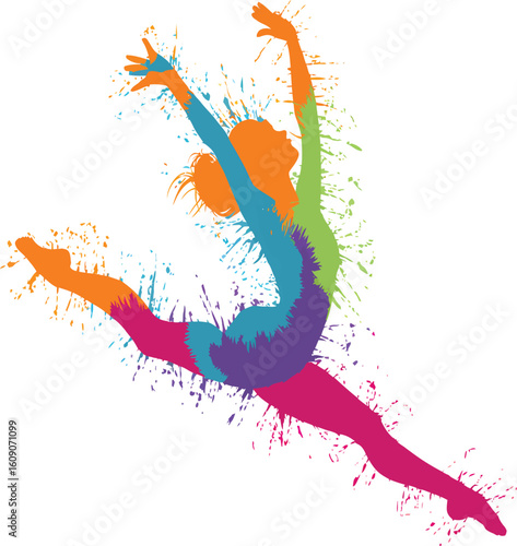 Colorful artistic silhouette of a woman dancer in a leap with paint splatter effect on a white background