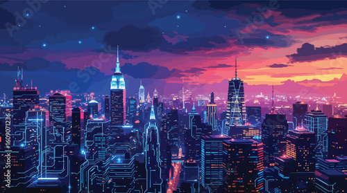New york city skyline with neon lights and futuristic digital circuitry at sunset.