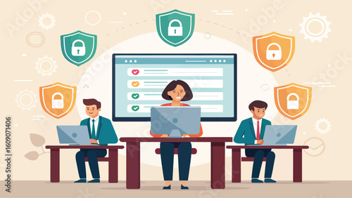 Business team working on laptops with data security and privacy icons

