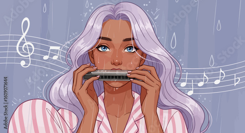 Melancholy Musician Playing Harmonica in the Rain with Musical Notes.