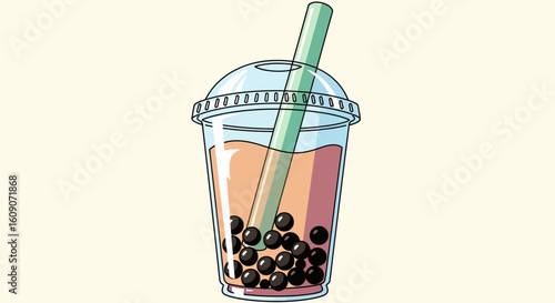 Refreshing Boba Tea Cup with Straw and Tapioca Pearls Illustration.