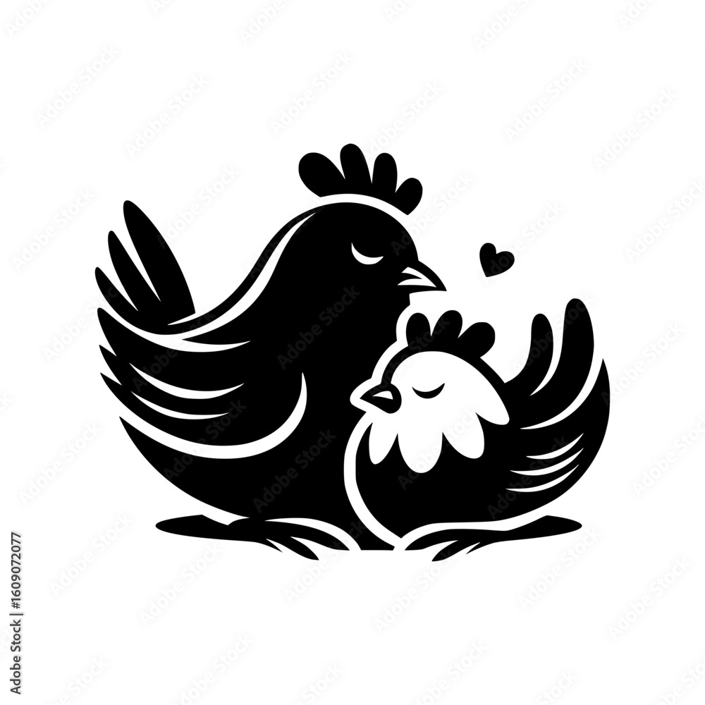 Obraz premium Mother hen protecting her chick in a loving embrace