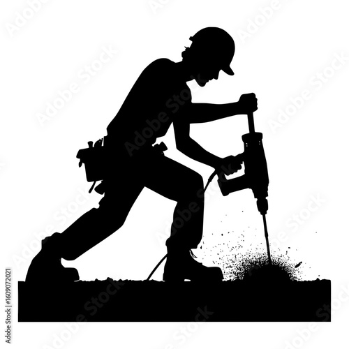 Silhouette of construction worker operating a jackhammer on a white background