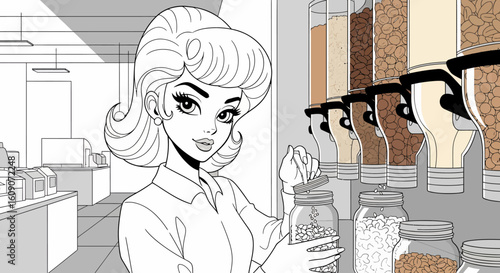 Retro Woman Filling Jar with Grains from Bulk Food Dispensers