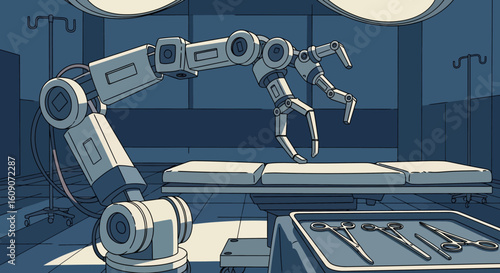Robotic Surgical Arm Reaching Over Operating Table with Surgical Instruments.
