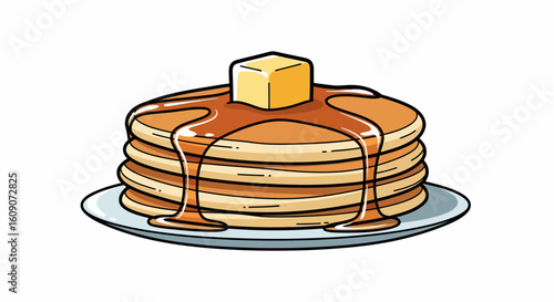 Stacked Pancakes Drizzled with Syrup and Topped with Butter on a Plate